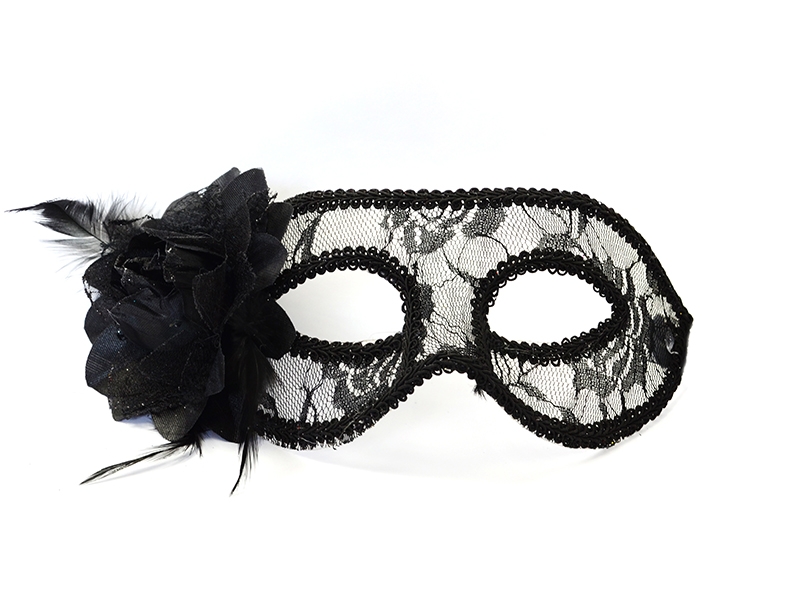 Maska karnawałowa Wenecka koronkowa czarna z różą