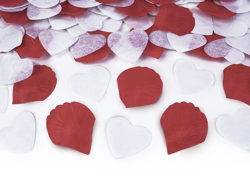 Wystrzałowa tuba konfetti - białe serca i czerwone płatki róż / 50 cm