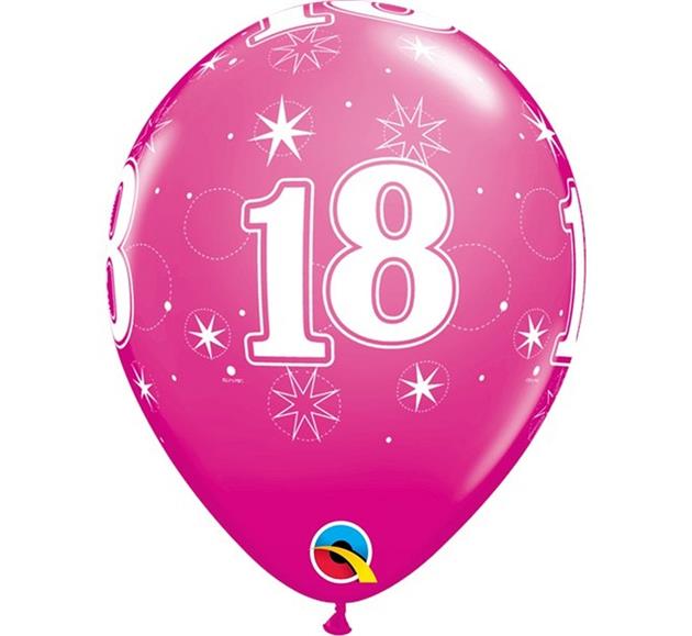 Balon QL 11" z nadr. "18 gwiazdki i kółka", pastel żurawinowy