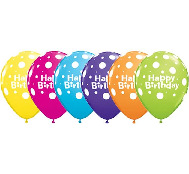 Balony urodzinowe z napisem "Happy Birthday w grochy"