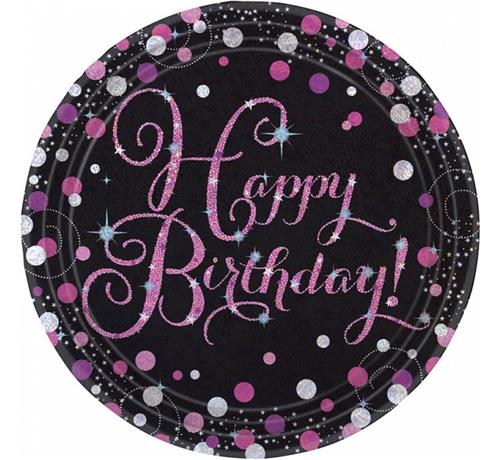 Talerzyki papierowe "Happy Birthday" Sparkling Celebration, różowe / 23cm