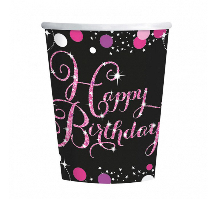 Kubeczki papierowe "Happy Birthday -Sparkling Celebration", różowe