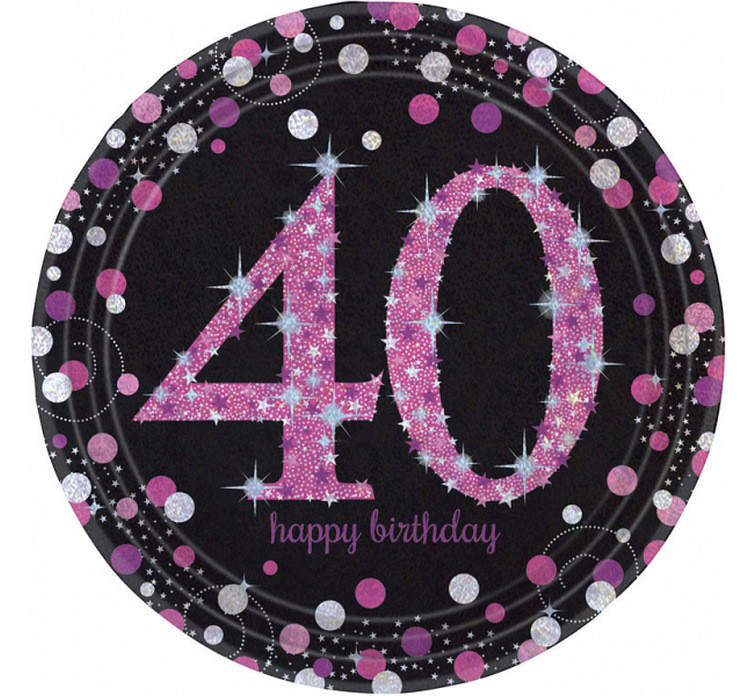 Talerzyki papierowe "40 urodziny" Sparkling Celebration", różowe / 23 cm