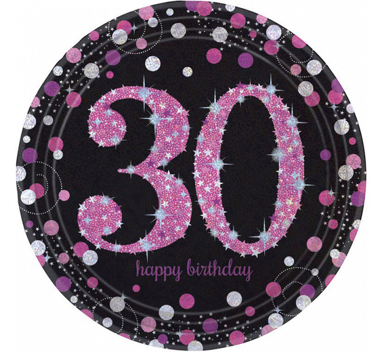 Talerzyki papierowe "30 urodziny" Sparkling Celebratioin, różowe / 23 cm