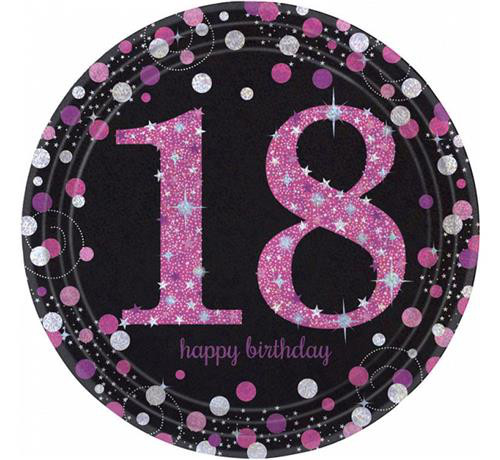 Talerzyki papierowe "18 urodziny" Sparkling Celebration", różowe, / 23 cm