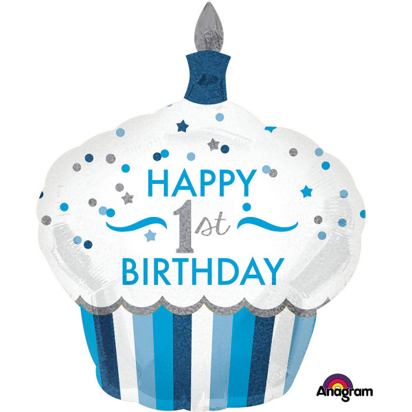 Balon foliowy niebieska Babeczka "Happy 1st birthday" / 73x 91 cm