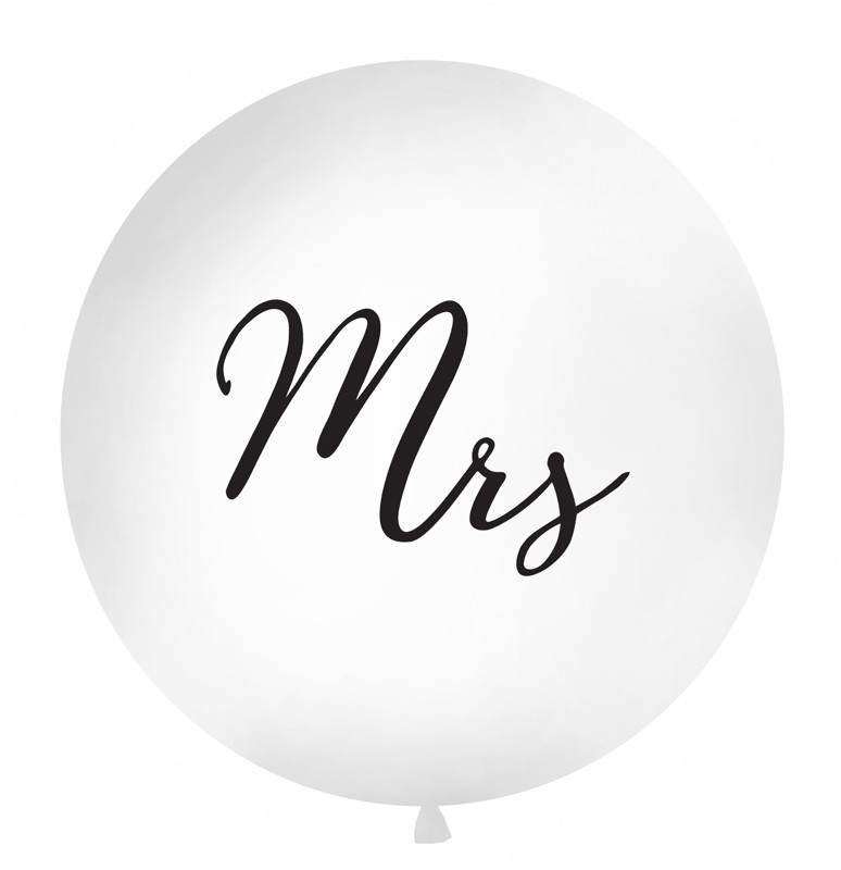 Balon lateksowy OLBO - biały z czarnym napisem "Mrs" / średnica 1m