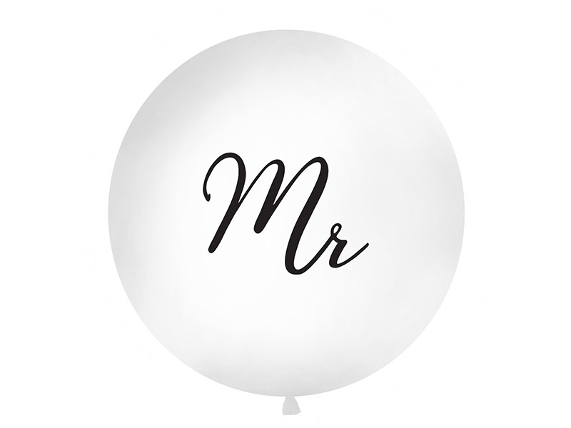 Balon lateksowy OLBO - biały z czarnym napisem "Mr" / średnica 1m