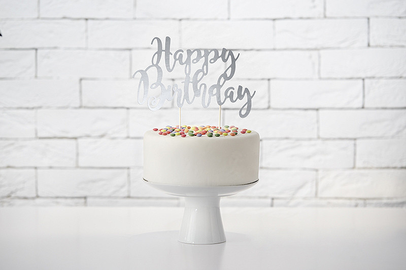 Topper na tort "Happy Birthday", srebrny / 22,5 cm