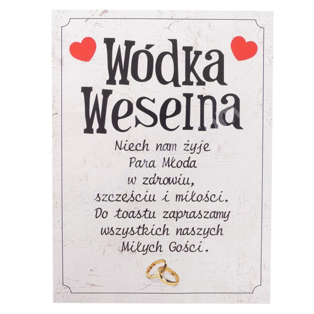 Etykietki naklejki na wódkę "Wódka Weselna", białe z serduszkami