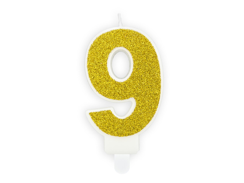 Świeczka urodzinowa Cyferka "9", złoty brokat