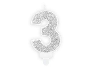 Świeczka urodzinowa Cyferka "3", srebrny brokat