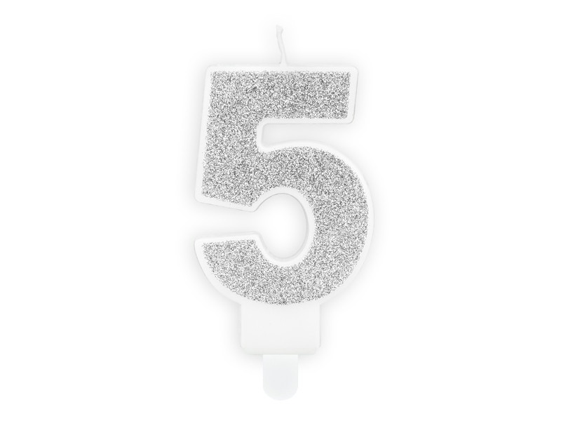 Świeczka urodzinowa Cyferka "5", srebrny brokat