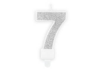 Świeczka urodzinowa Cyferka "7", srebrny brokat