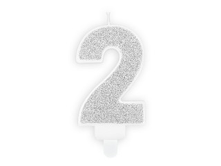 Świeczka urodzinowa Cyferka "2", srebrny brokat