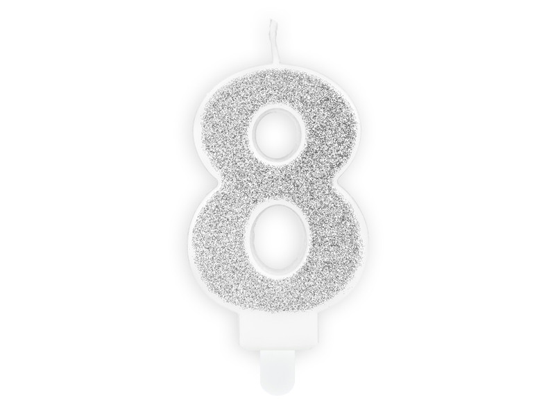 Świeczka urodzinowa Cyferka "8", srebrny brokat
