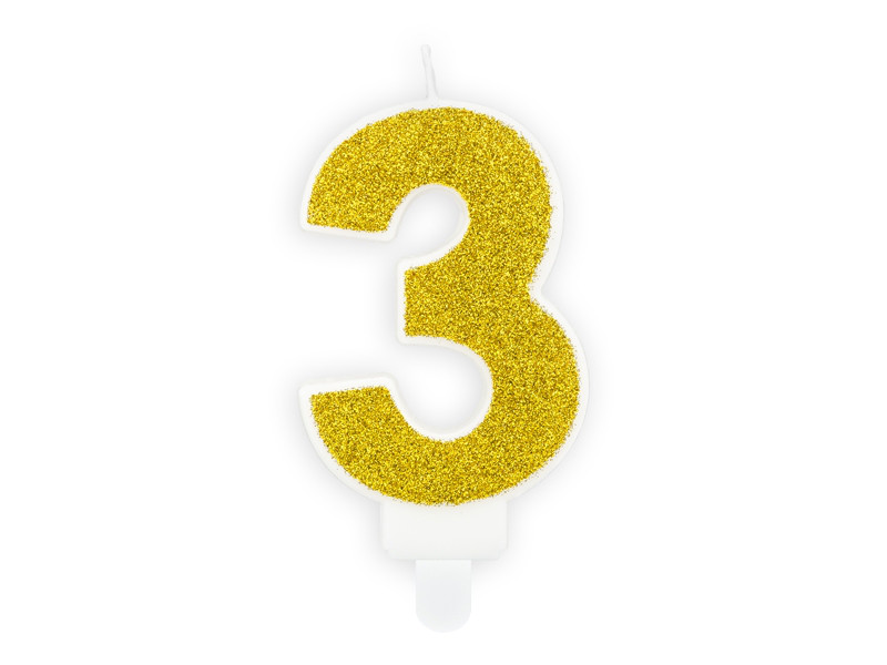 Świeczka urodzinowa Cyferka "3", złoty brokat
