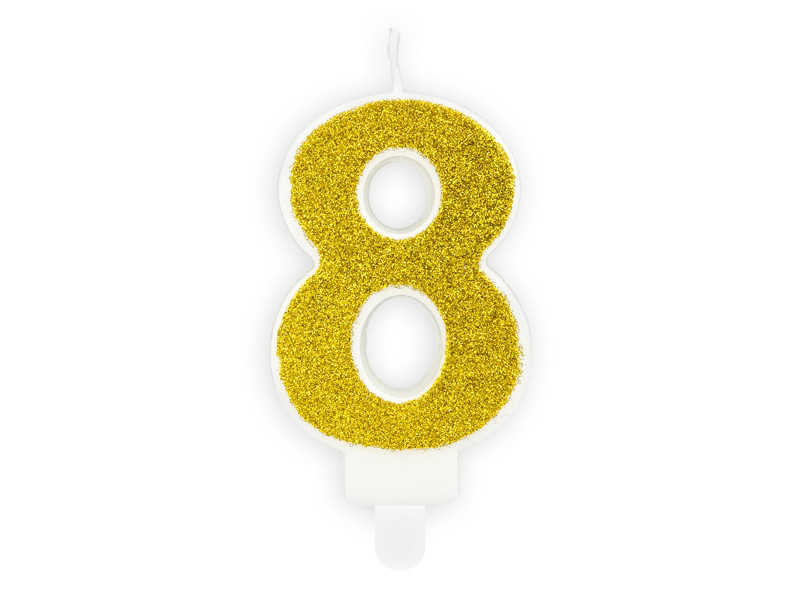 Świeczka urodzinowa Cyferka "8", złoty brokat