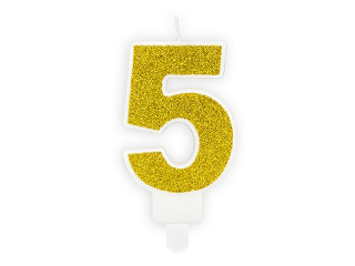Świeczka urodzinowa Cyferka "5", złoty brokat