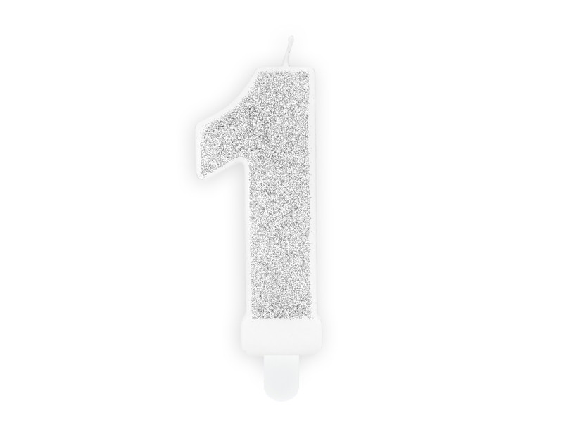 Świeczka urodzinowa Cyferka "1", srebrny brokat