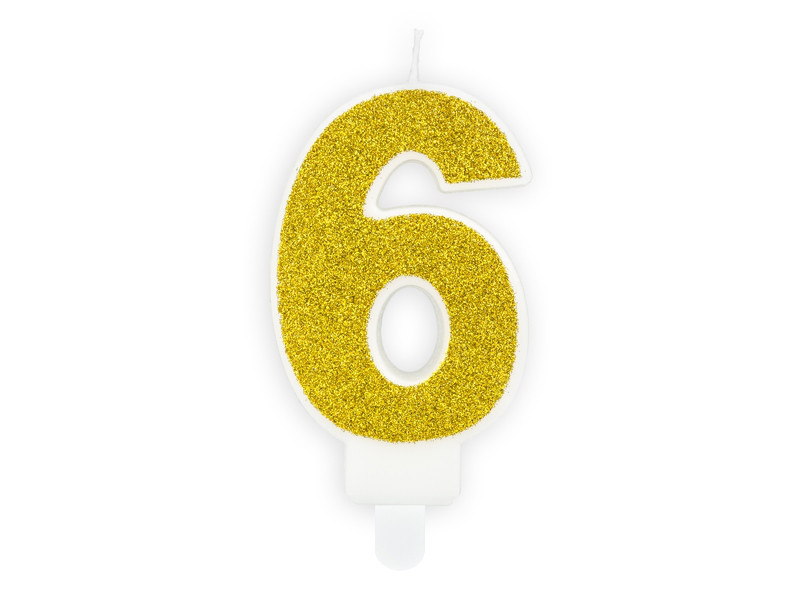 Świeczka urodzinowa Cyferka "6", złoty brokat