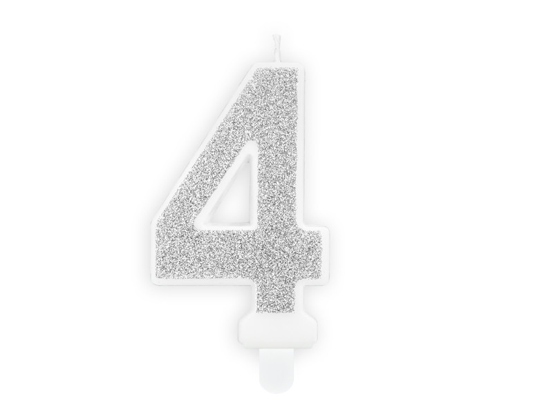 Świeczka urodzinowa Cyferka "4", srebrny brokat