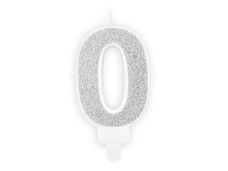 Świeczka urodzinowa Cyferka "0", srebrny brokat