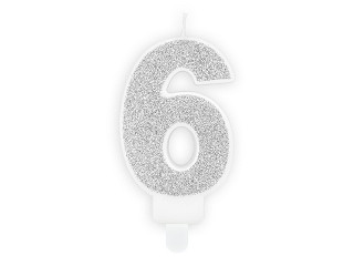 Świeczka urodzinowa Cyferka "6", srebrny brokat