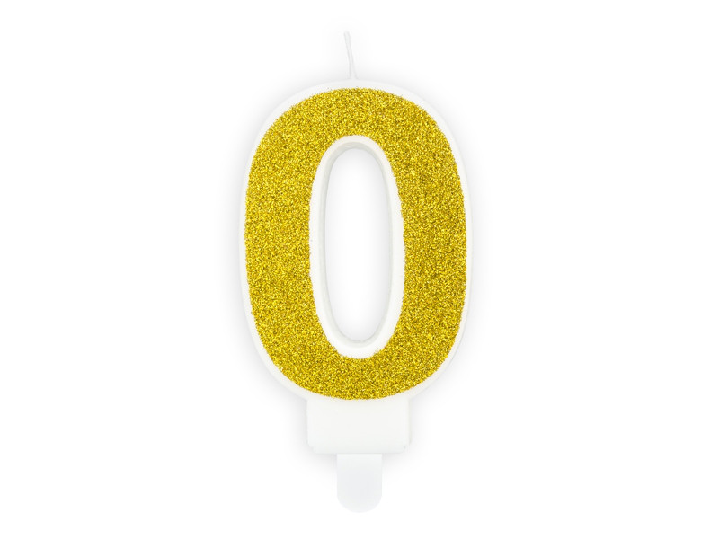 Świeczka urodzinowa Cyferka "0", złoty brokat