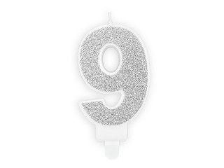 Świeczka urodzinowa Cyferka "9", srebrny brokat