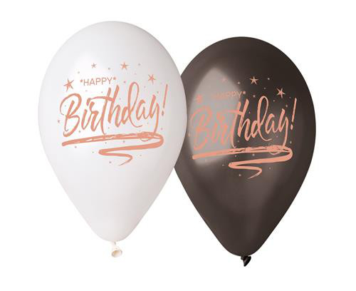 Balony urodzinowe z napisem "Happy Birthday", białe i czarne