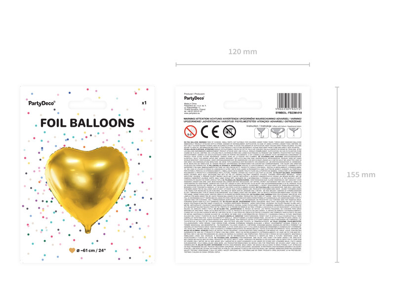 Balon foliowy metalizowany Serce złote, 61 cm / FB23M-019