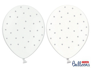 Balony lateksowe białe i transparentne  w srebrne Gwiazdki / SB14PC-002-018-6