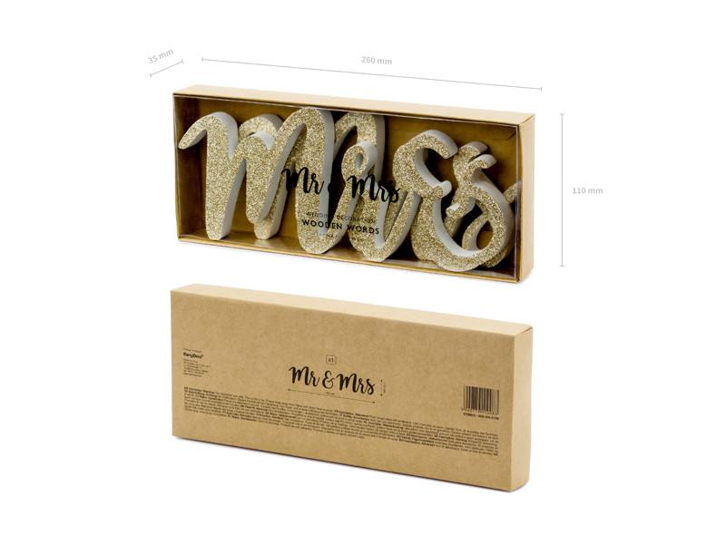 Drewniany napis "Mr&Mrs", złoty / 50x10 cm