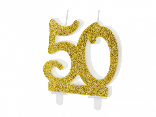 Świeczka urodzinowa liczba "50", złoty brokat
