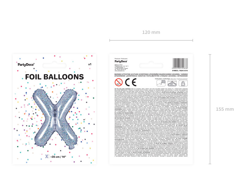 Balon foliowy 14" litera "X", srebrna holograficzna / x35 cm