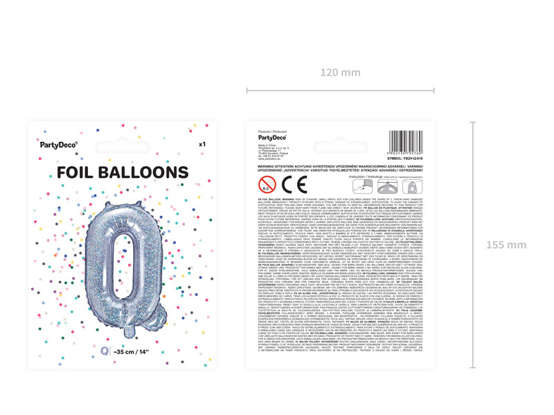 Balon foliowy 14" litera "Q", srebrna holograficzna / 35 cm