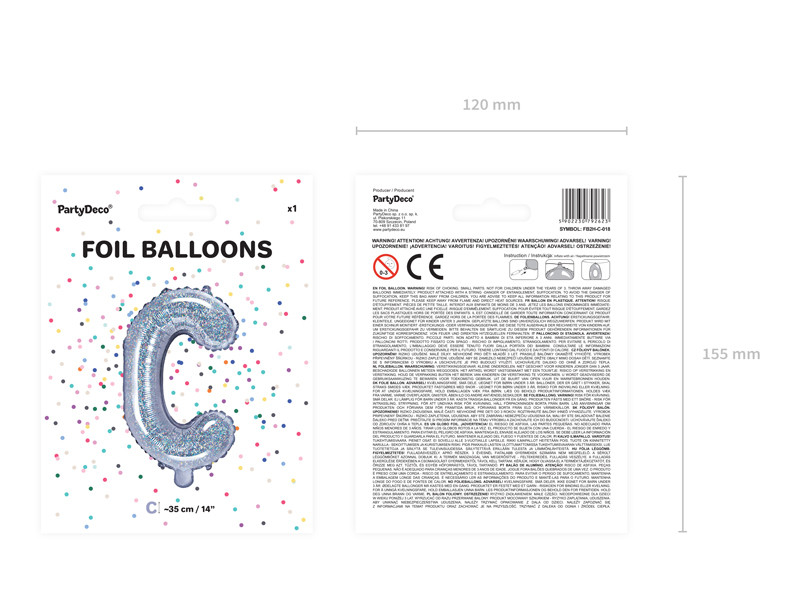 Balon foliowy 14" litera "C", srebrny holograficzny / 35 cm