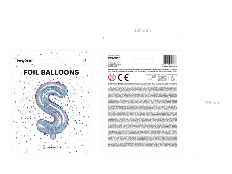 Balon foliowy 14" litera "S", srebrna holograficzna / 35 cm