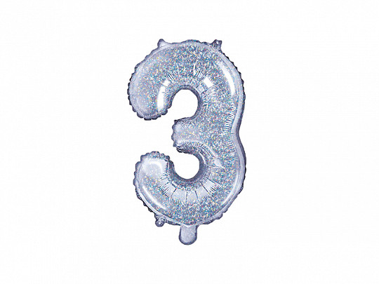 Balon foliowy srebrny holograficzny 14" cyfra "3", 35 cm / FB10H-3-018