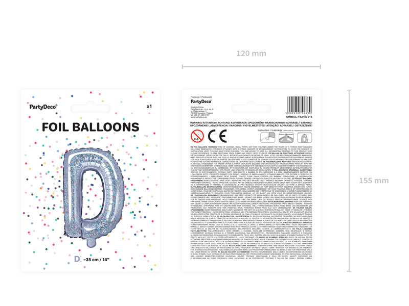 Balon foliowy 14" litera "D", srebrny holograficzny / 35 cm