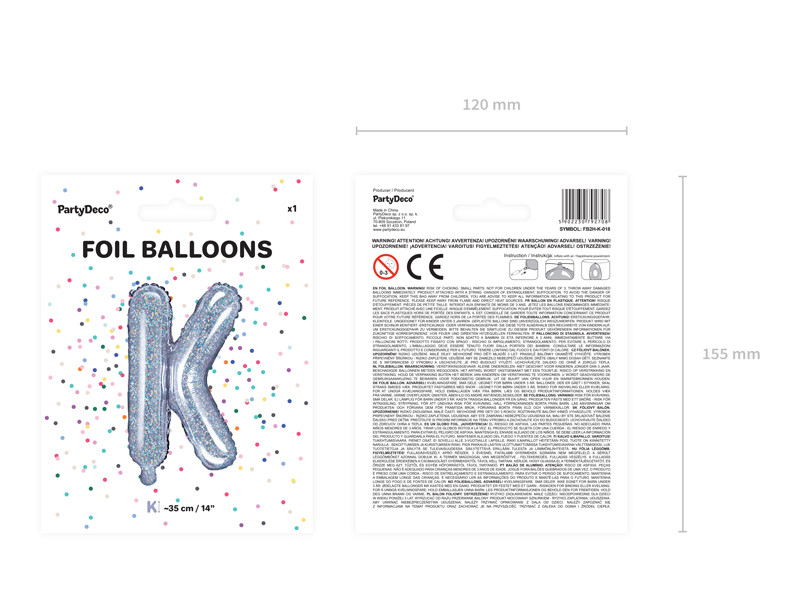 Balon foliowy 14" litera "K", srebrna holograficzna / 35 cm