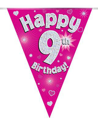 Girlanda różowe flagietki "9 urodziny"