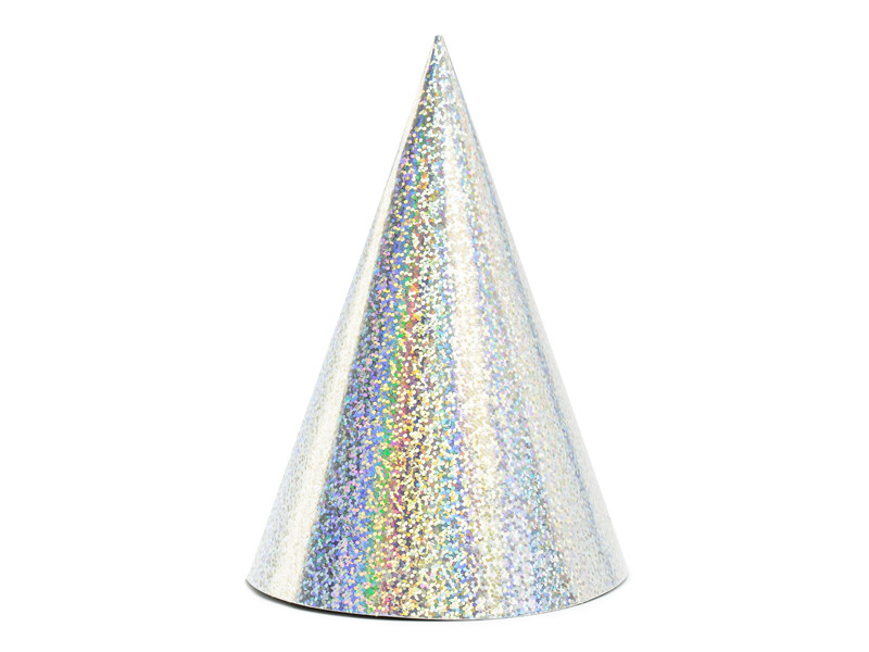 Zestaw czapeczek urodzinowych holograficznych srebrnych / 16 cm