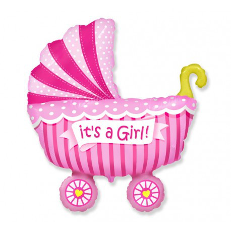 Balon na Narodziny dziecka foliowy mini Wózek dla dziewczynki z patyczkiem / 14"