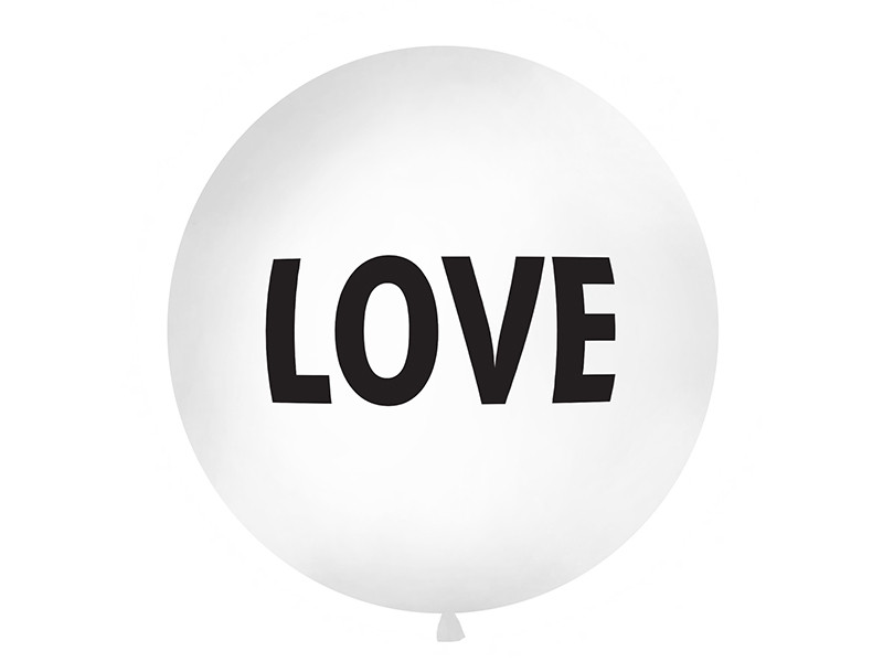 Balon lateksowy OLBO - biały z czarnym napisem "LOVE" / średnica 1m