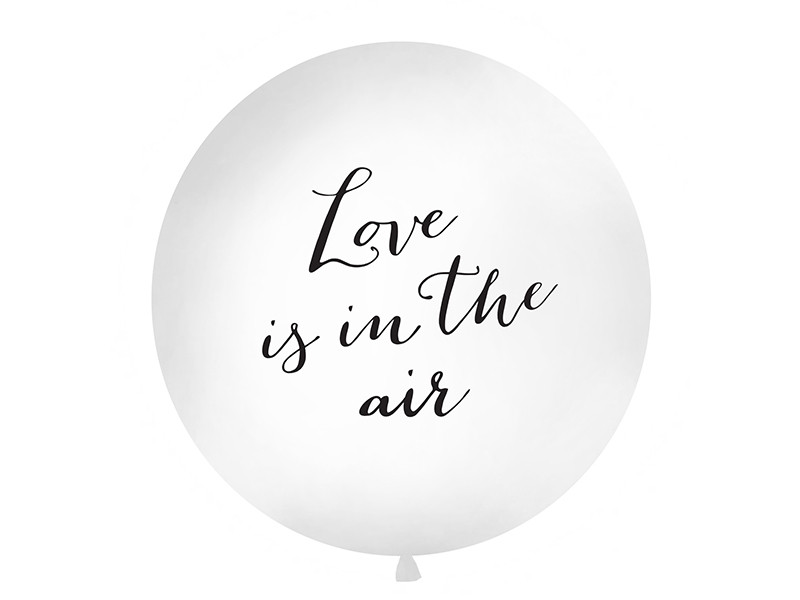 Balon lateksowy OLBO - biały z czarnym napisem "Love is in the air" / średnica 1m