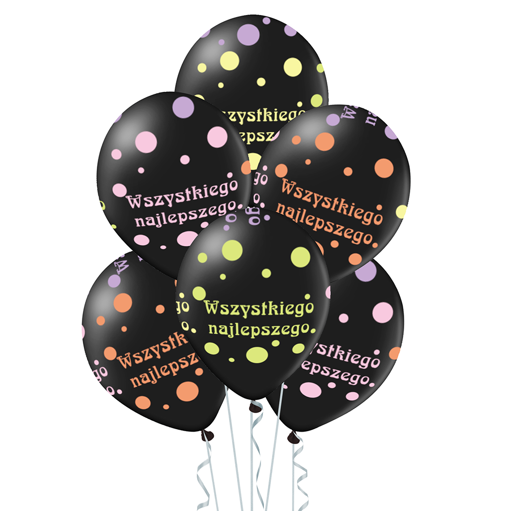 Czarne balony lateksowe na urodziny z napisem Wszystkiego Najlepszego / 12"