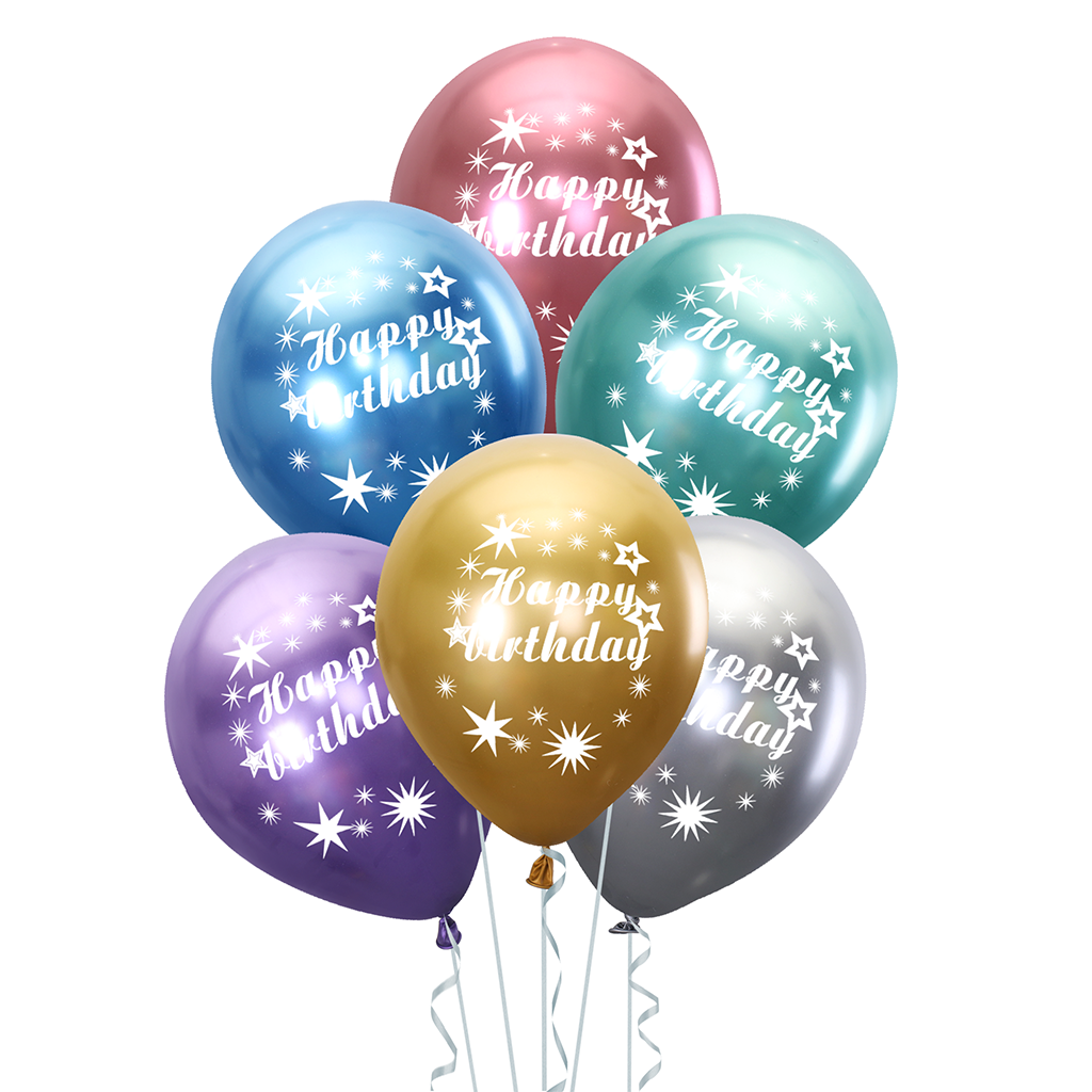 Balony lateksowe Chrom na urodziny z napisem Happy Birthday, mix / 12"