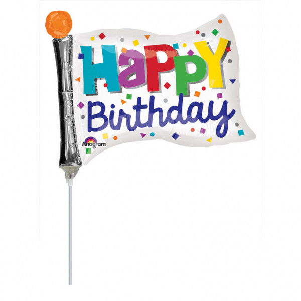 Balon foliowy mini flaga "Happy Birthday" z patyczkiem / 9"